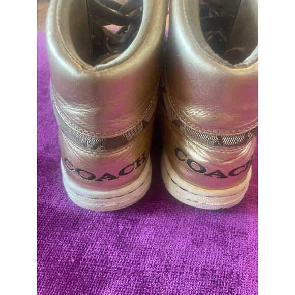 COACH Norra High Top Sneakers Gold Shoes Lace Up Size 7 Leather Canvas - Picture 5 of 9